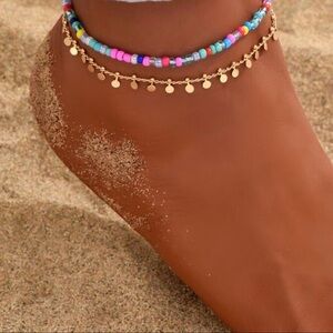 Gold Coin Double Anklet with Multicolor Beads - Women Jewelry